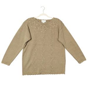 Vintage COTTON COLLECTABLES Tan Floral Cottagecore Knit Sweater SIZE MEDIUM